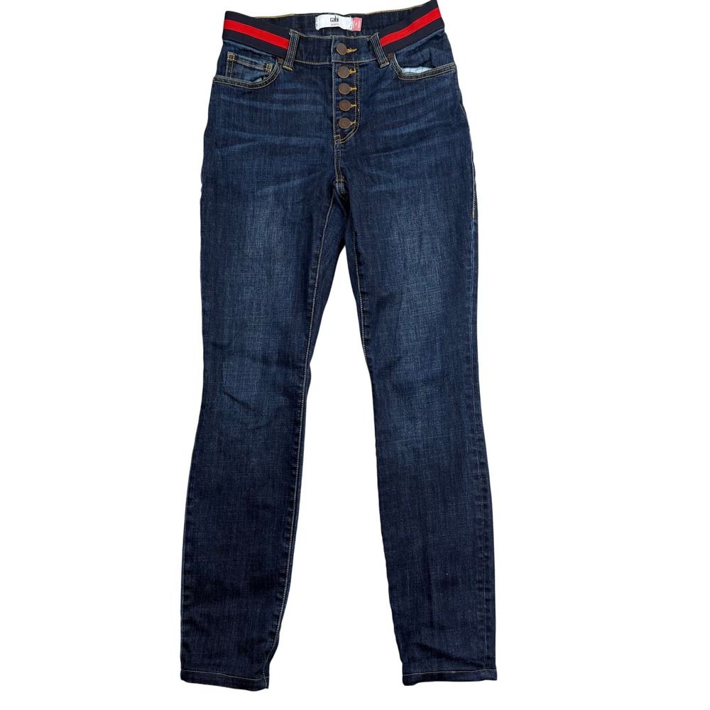 Cabi Button Fly Skinny Jeans Dark Wash Striped Waistband 3751 Size 2